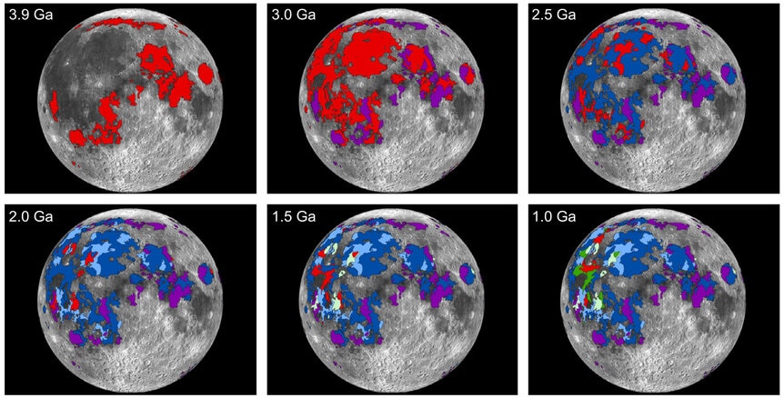 Timeline of the formation of the lunar maria. In each panel, red is the oldest material (so in the second panel, the purple overlays the red; in the third the blue overlays the purple, and so on). Credit: Needham and Kring