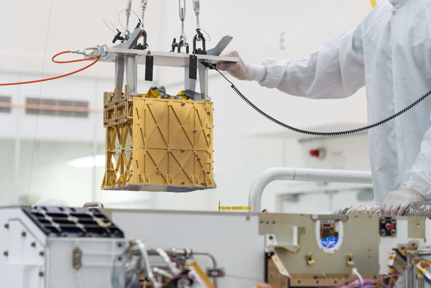 The MOXIE instrument is seen here as it was being installed into the Perseverance rover at JPL in California in March, 2019. Credit: NASA/JPL-Caltech