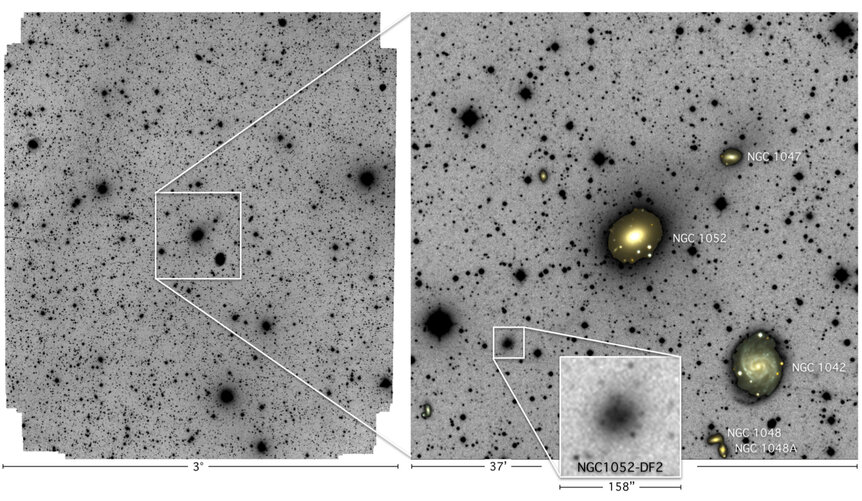 The full Dragonfly field of view (left) shows many galaxies and stars. Inset (right) shows the elliptical galaxy NGC 1052 and, nearby — and barely — NGC 1052-DF2. Credit: P. von Dokkum et al.