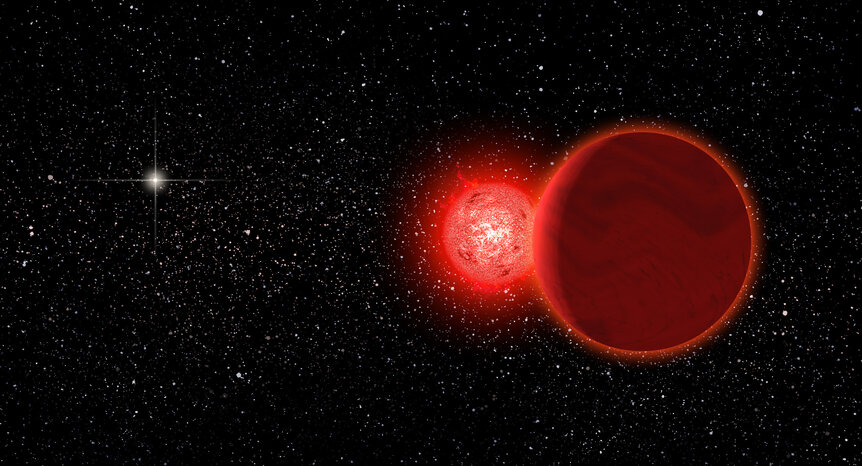 Artwork depicting the red dwarf/brown dwarf binary system called Scholz's stars, which passed near Earth about 70,000 years ago (the Sun appears as a bright star to the left). Credit: Michael Osadciw/University of Rochester