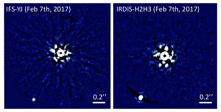 The exoplanet HIP 65426b can be seen to the lower left of the star (whose much brighter light has been blocked) in these images in two different infrared colors. Credit: Chauvin et al. 