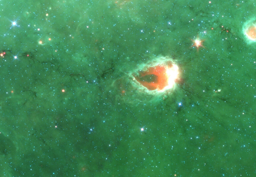 A closeup of the part of Nessie originally seen in 2008. The teardrop-shaped object on the right is a large star-forming site. Nessie has been found to extend well off to the right for over 100 more light years. Credit:&nbsp;NASA/JPL/SSC