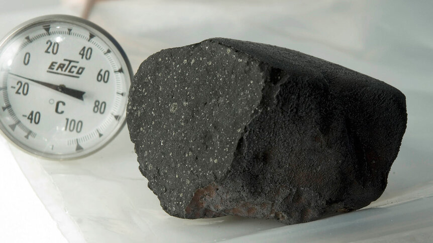 The Tagish Lake meteorite fell in northern British Columbia in January 2000, and is a very dark and primitive carbonaceous chondrite. Credit: Michael Holly, Creative Services, Univ. of Alberta