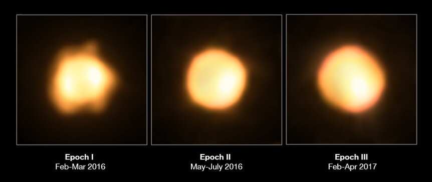 The gigantic star V766 Centauri seen over three years: (left to right) 2014, 2015, and 2016. These are actual images of its disk, a tremendous feat. Credit: ESO/M. Wittkowski (ESO)