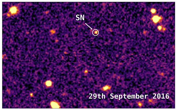 The superluminous supernova DEC16C2nm, seen in the Dark Energy Survey images near its peak brightness. Credit: Mat Smith and DES collaboration
