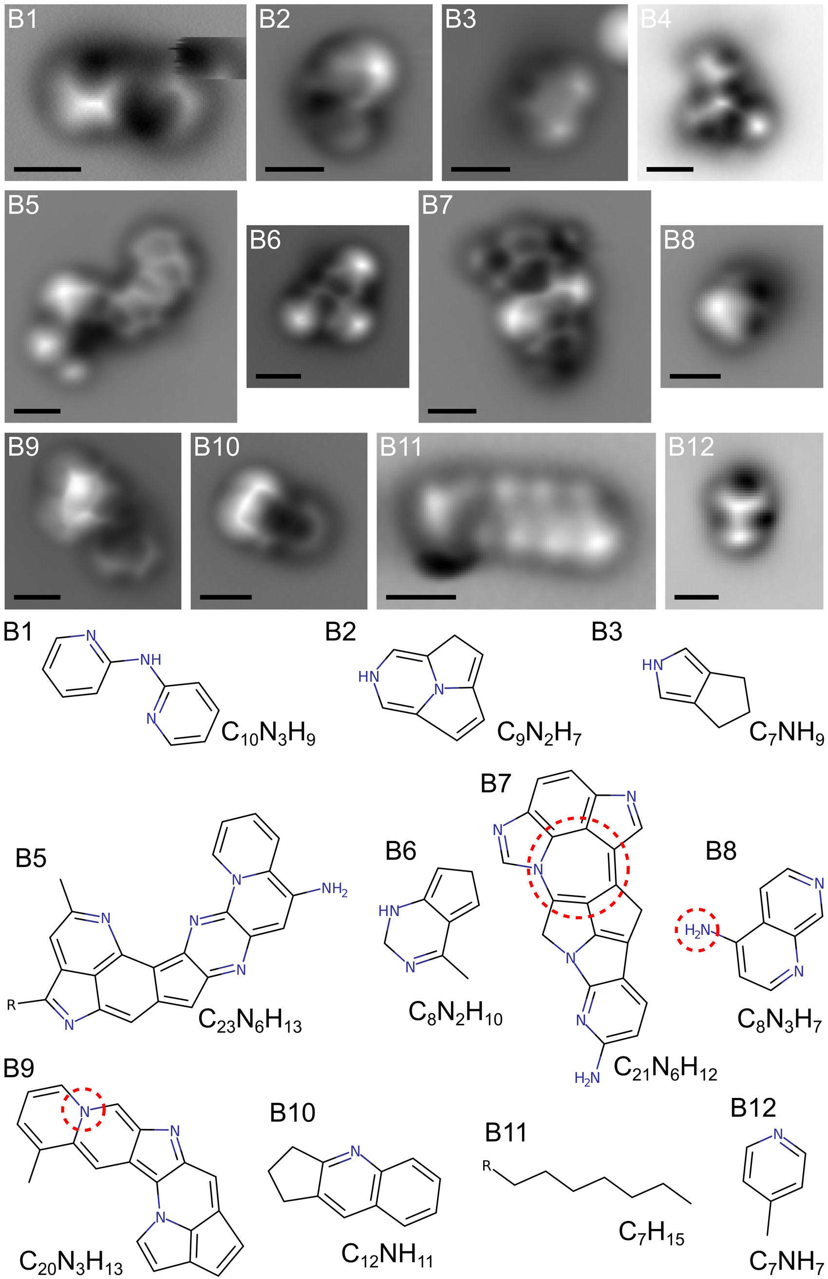 Atomic force microscopy images (top) of some simple and more complicated molecules created in a lab to mimic Titan’s haze, with their assigned chemical structures outlined (bottom). Credit: The Astrophysical Journal (CC BY-ND 2.0)