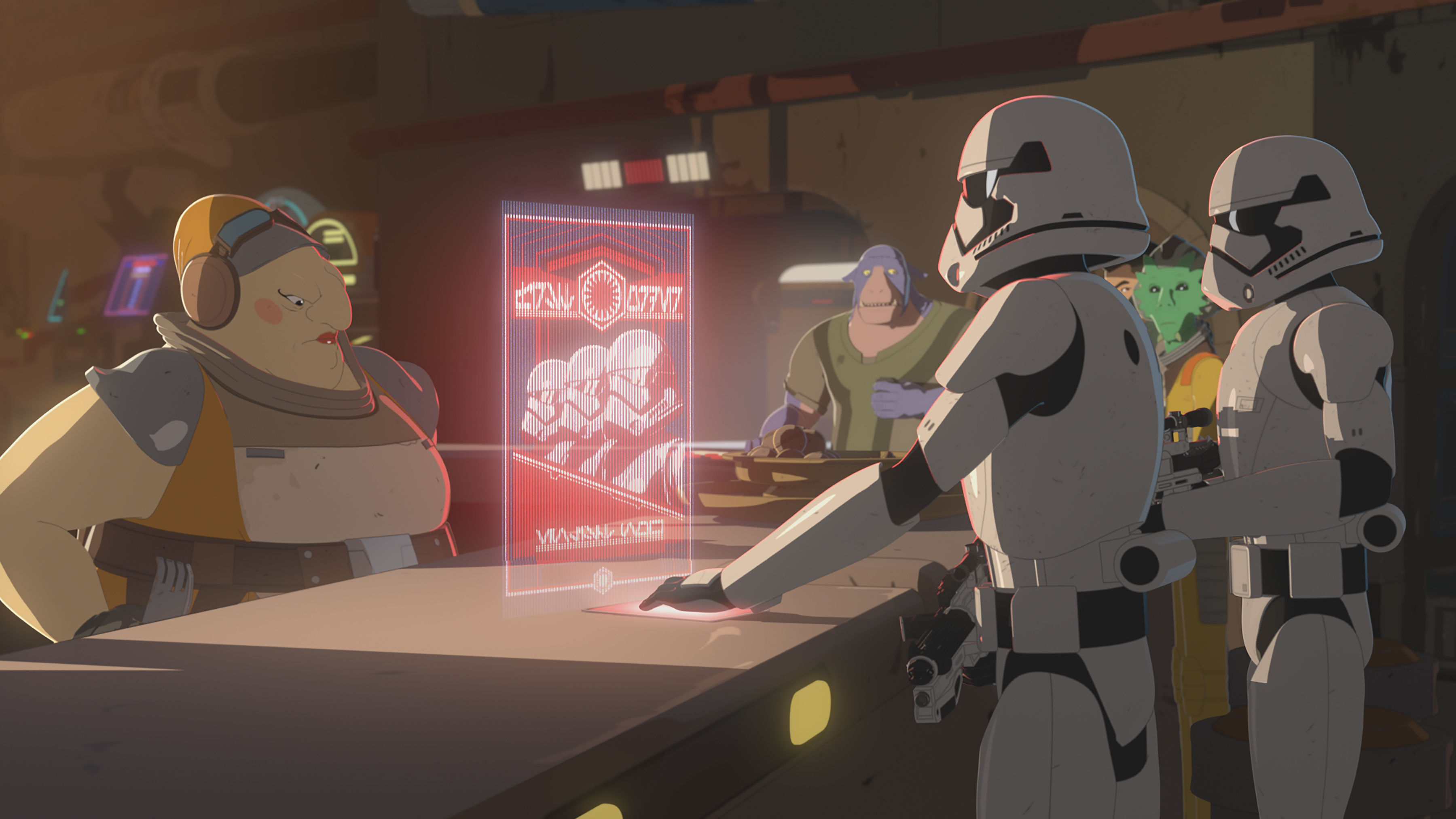 Aunt Z standing behind her bar on the Colossus is confronted by two troopers, holding a recruitment hologram. 