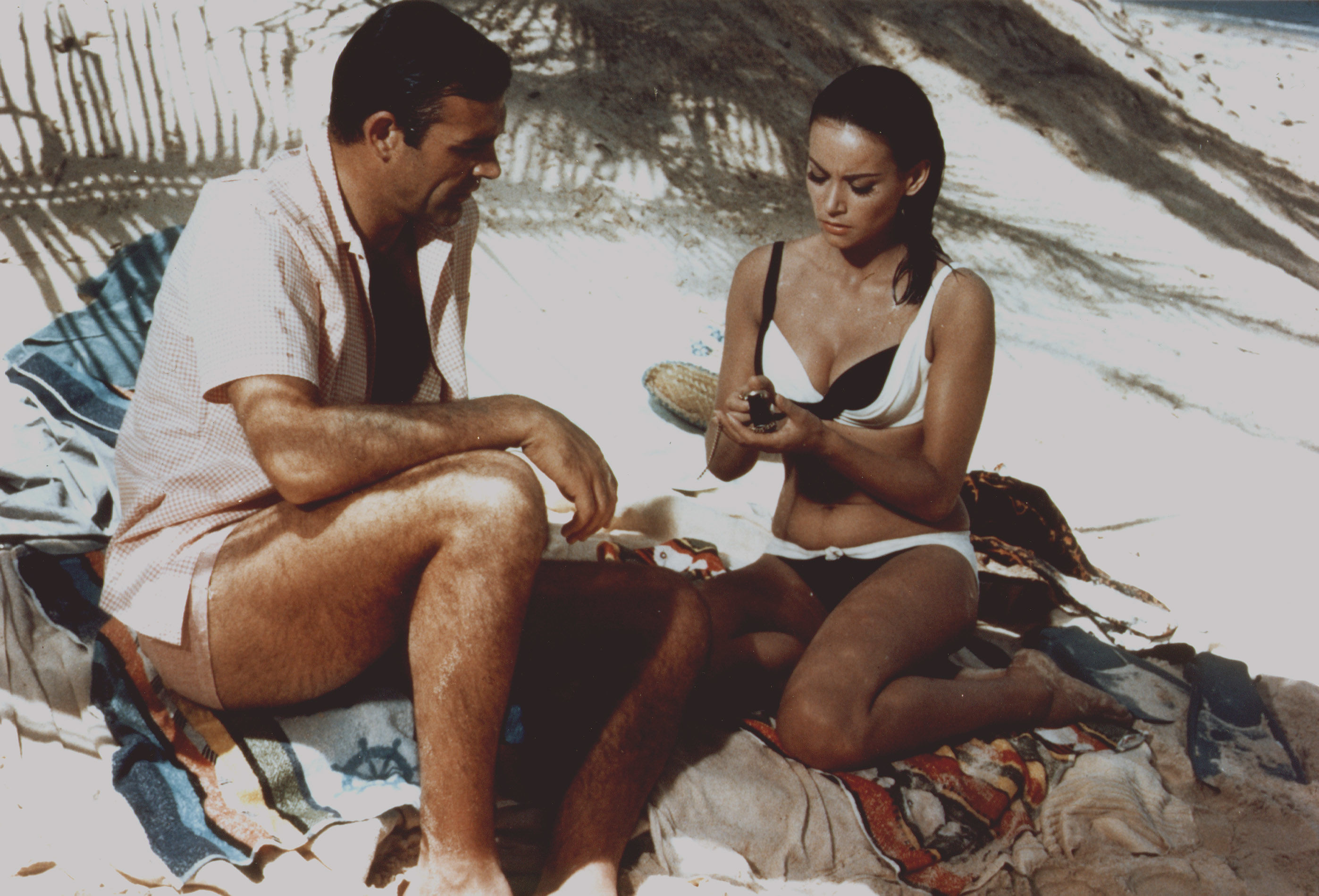 Actor Sean Connery and actress Claudine Auger on the set of 'Thunderball', directed by Terence Young,