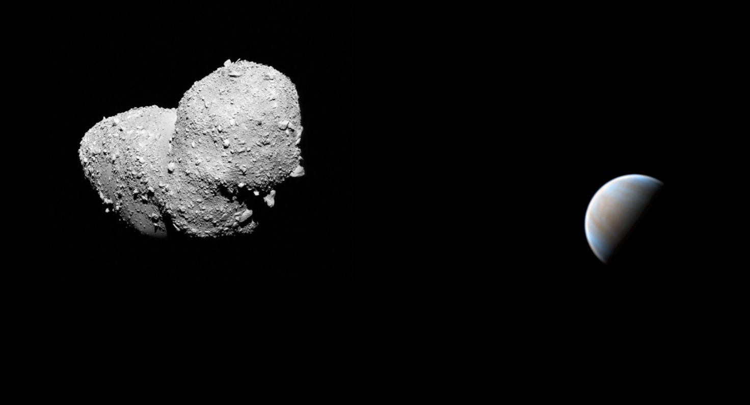 A fanciful depiction of the near-Venus asteroid 2019 AQ3, with the asteroid Itokawa standing in for AQ3. Credits: Itokawa: JAXA; Venus: Damian Peach; Mosaic: Phil Plait
