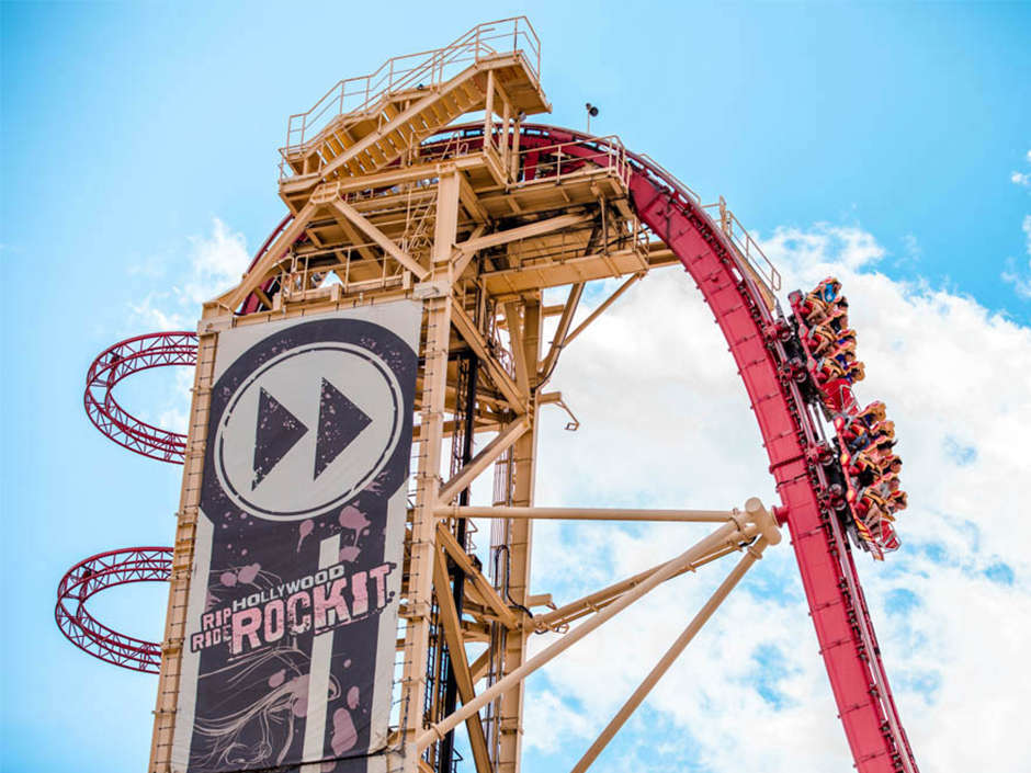 The large drop of Universal's Hollywood Rip Ride Rockit rollercoaster at Universal Studios Florida