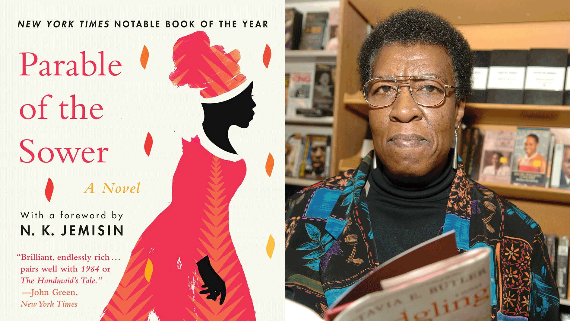 Octavia E. Butler author photo and The Parable of the Sower Cover