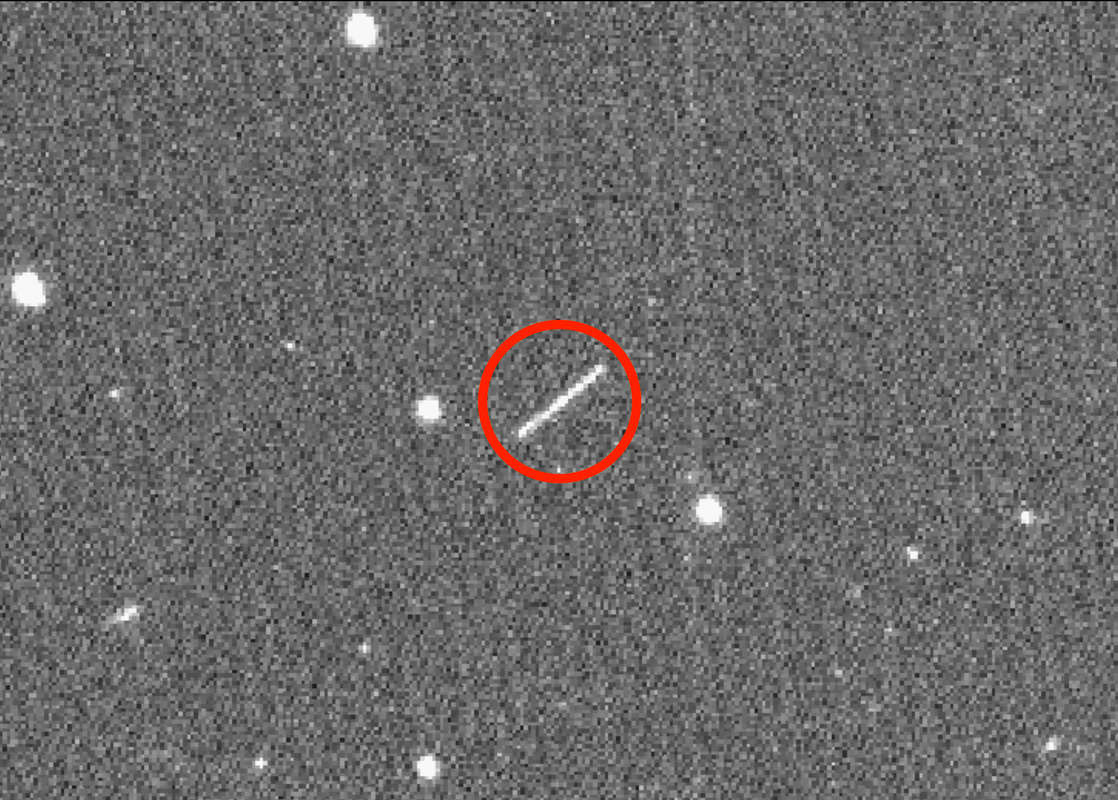 The discovery image (taken by the Zwicky Transient Facility) of the asteroid 2020 QG shows it as a streak, its motion blurring it during the exposure. Credit: ZTF/Caltech Optical Observatories