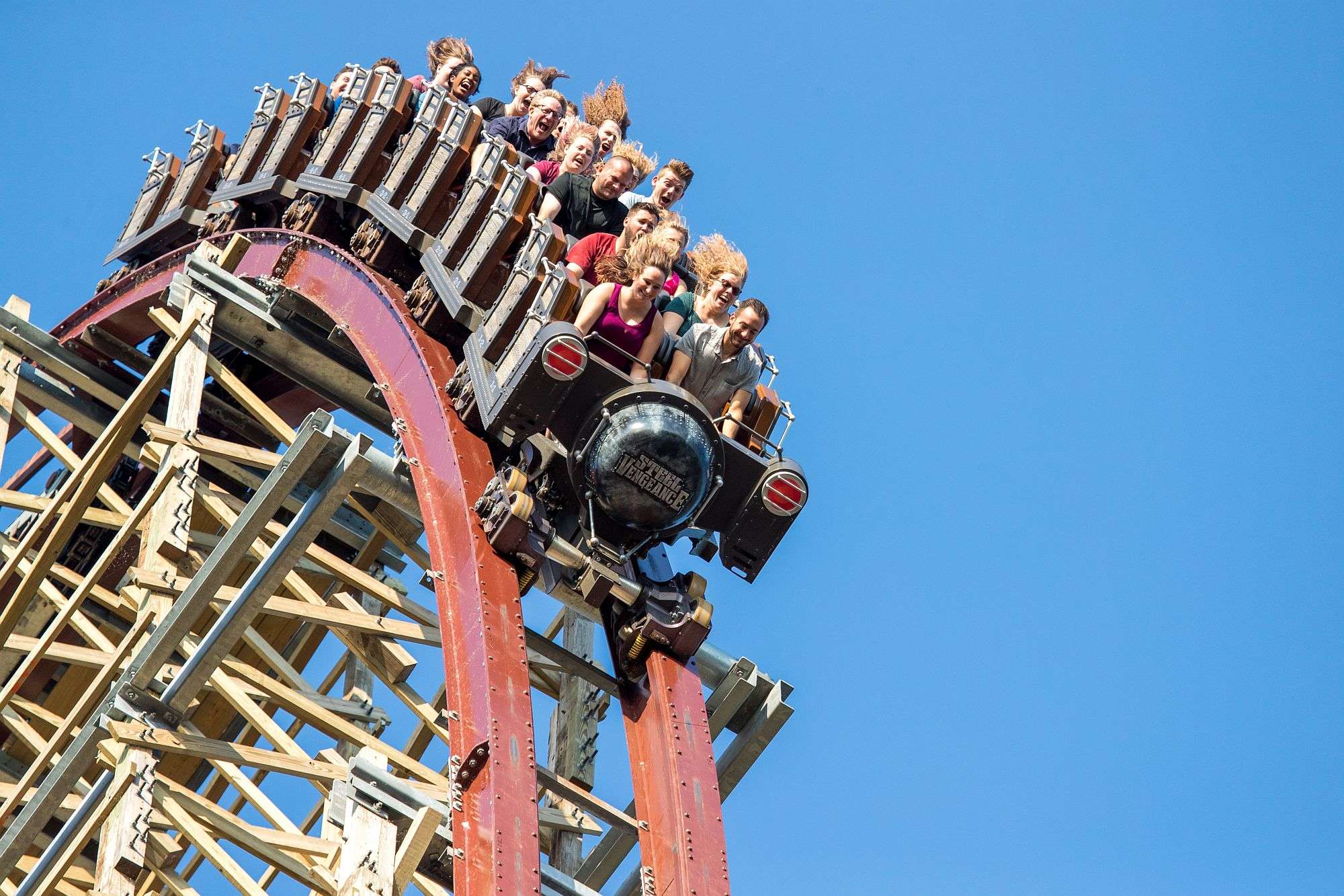 Cedar Point's Steel Vengeance coaster approaching a hill descent
