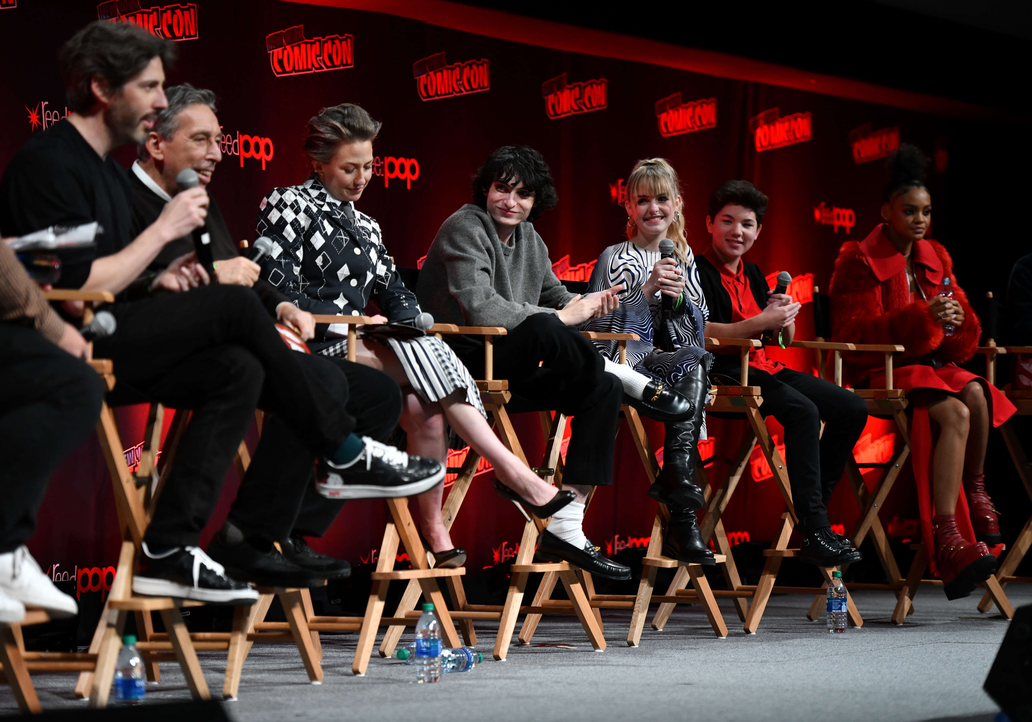 Jason Reitman, Ivan Reitman, Carrie Coon and Finn Wolfhard during the Ghostbusters_ Afterlife Cast & Filmmakers Panel (Photo by Craig Barritt_Getty Images for ReedPop )