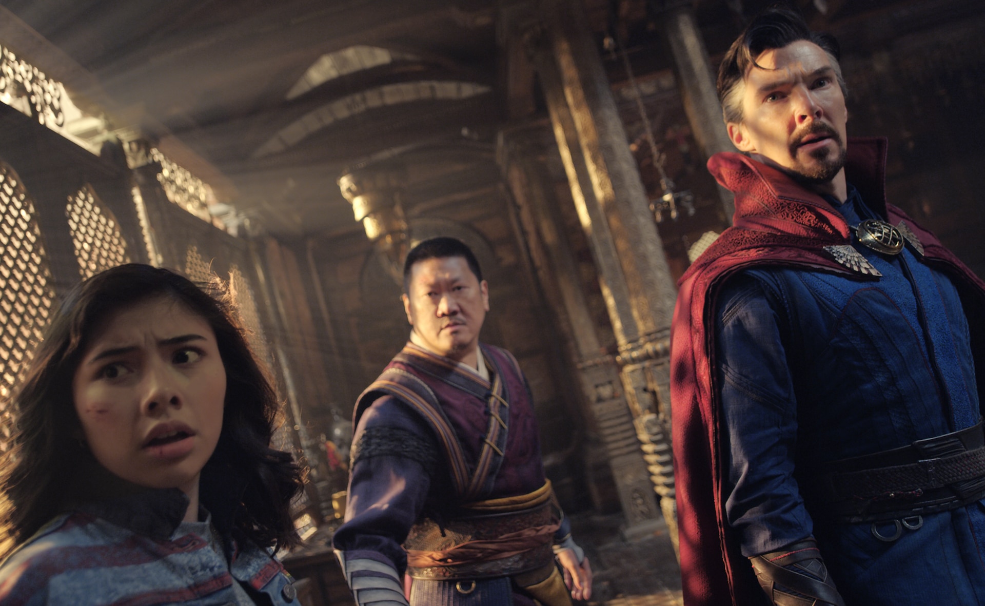 (L-R): Xochitl Gomez as America Chavez, Benedict Wong as Wong, and Benedict Cumberbatch as Dr. Stephen Strange