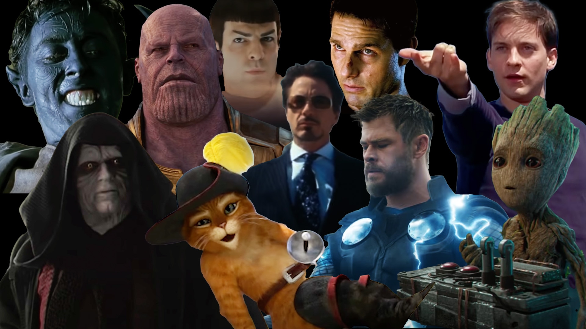 A collage including characters from Marvel, Star Trek, Star Wars, Mission Impossible, and Shrek.
