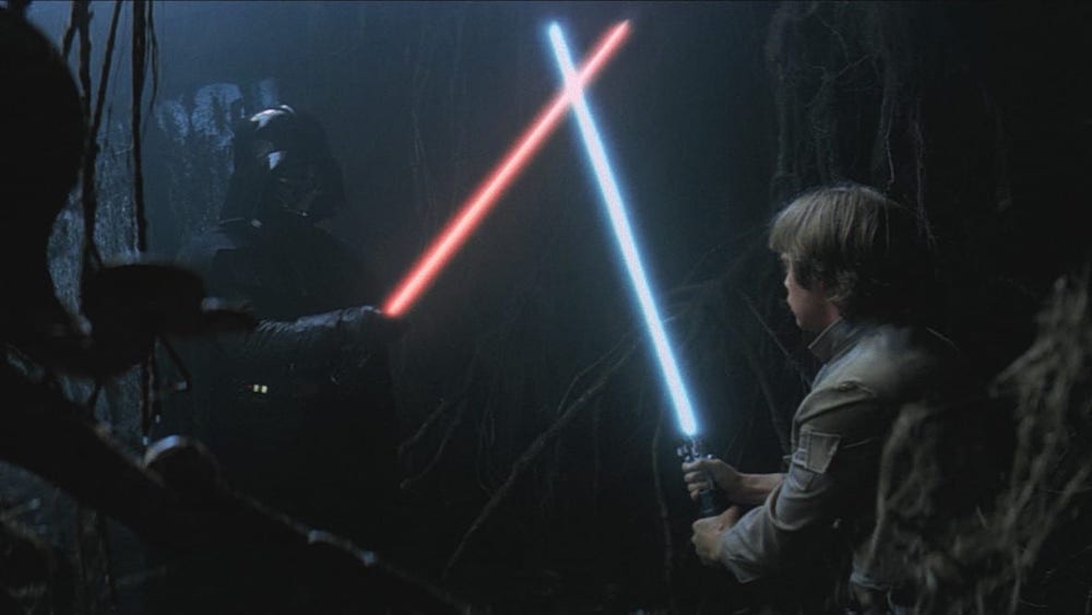 Luke Skywalker and Darth Vader in Star Wars: Empire Strikes Back