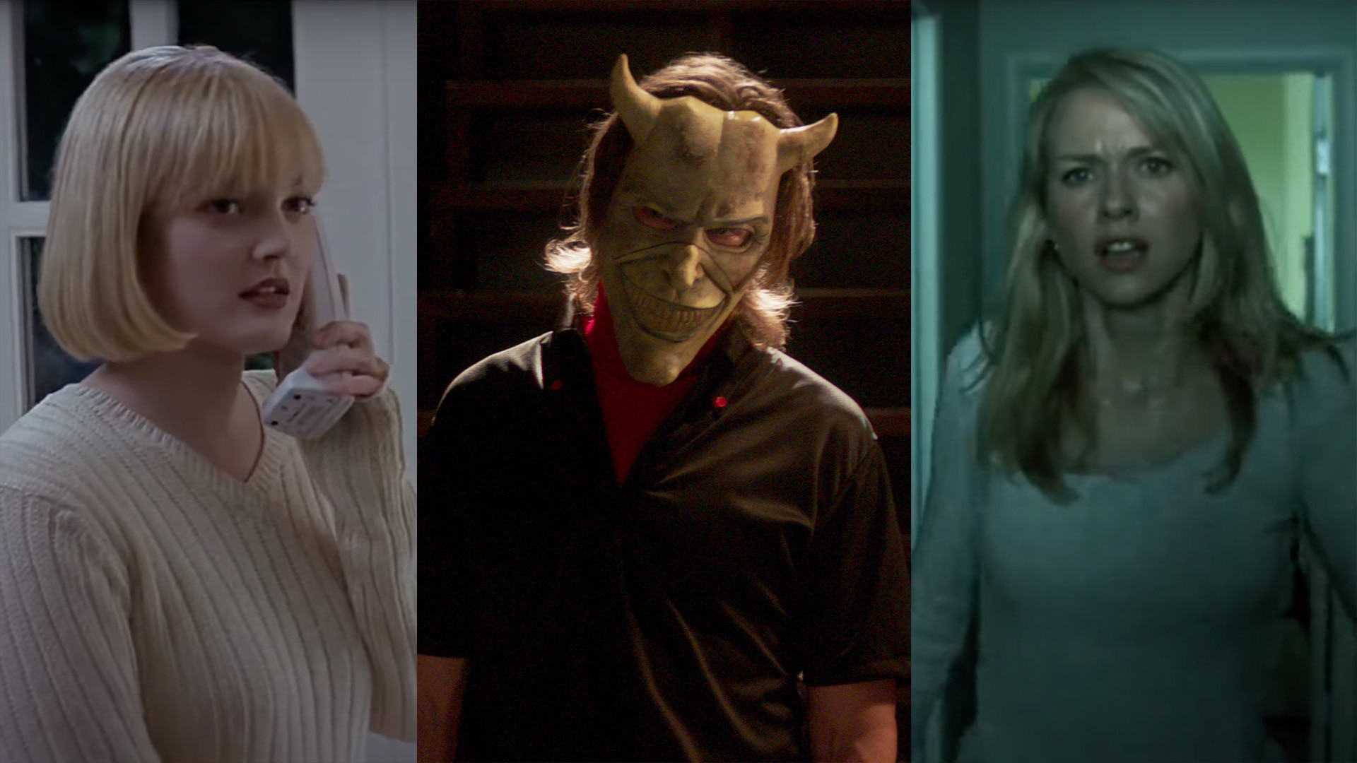 Drew Barrymore in Scream (1996), Ethan Hawke as The Grabber in The Black Phone (2022), and Naomi Watts in The Ring (2002