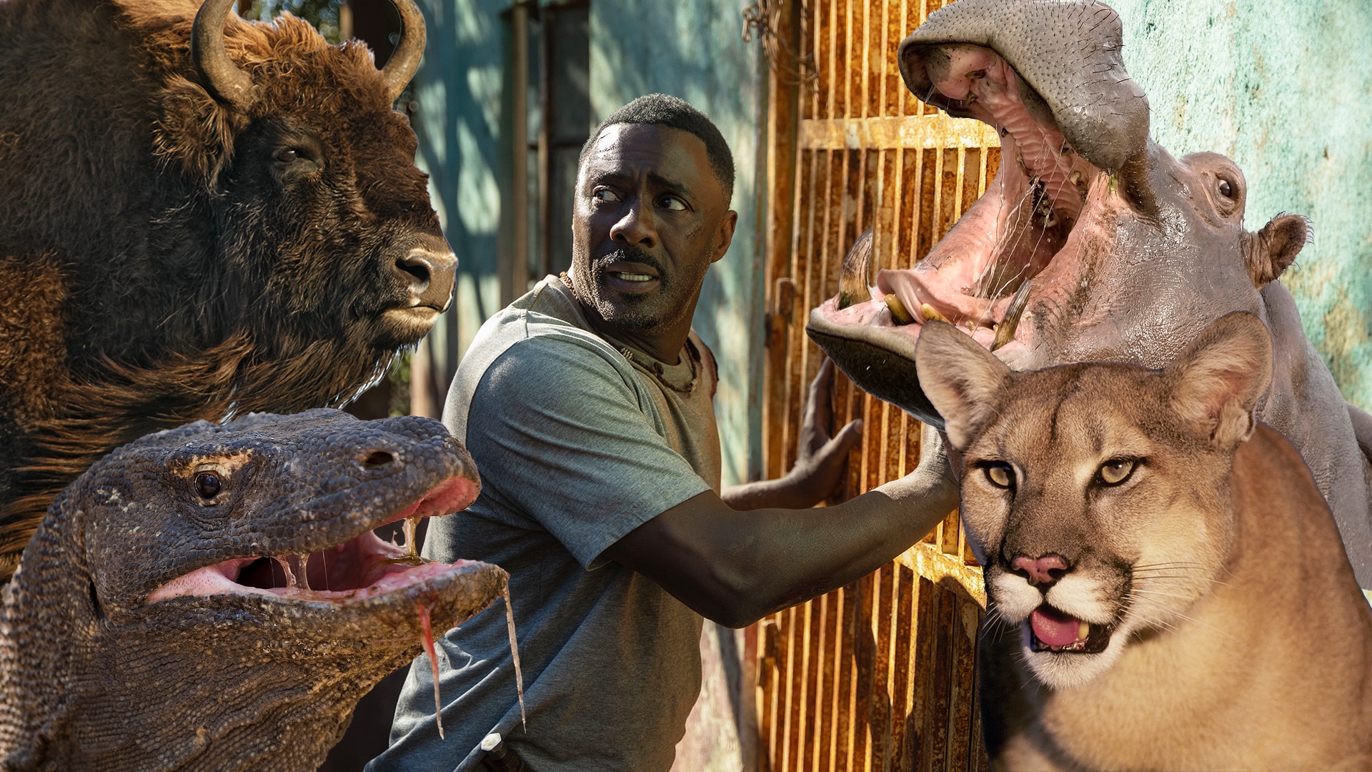 Idris Elba as Dr. Nate Samuels in Beast (2022) surrounded by a Bison, Komodo Dragon, Hippopotamus, and Mountain Lion.