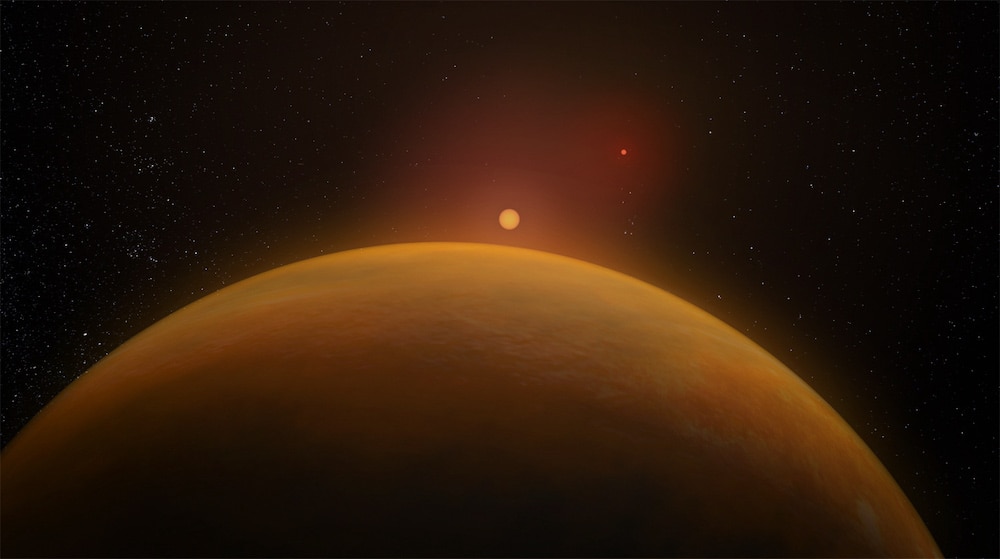 A telescope the size of the Earth sees the wobble of a bizarre planet in a binar..