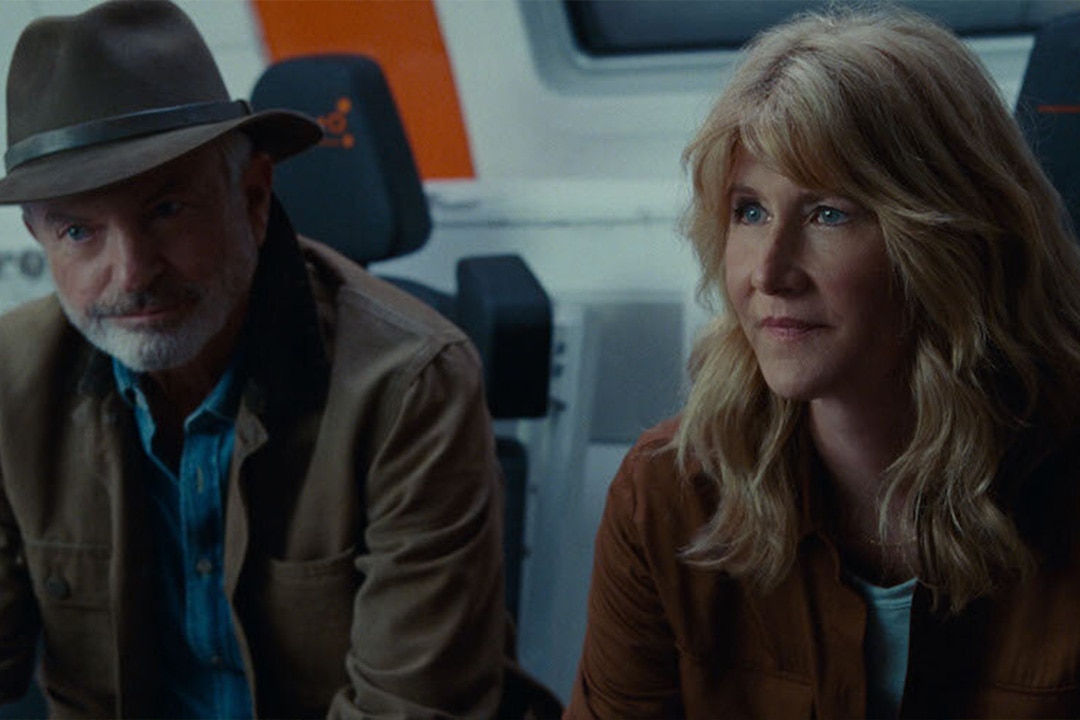 (from left) Dr. Alan Grant (Sam Neill) and Dr. Ellie Sattler (Laura Dern) in Jurassic World Dominion.