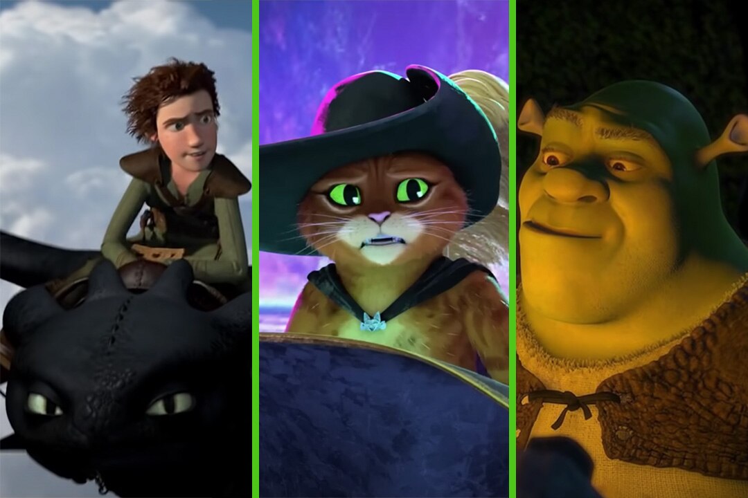 How to Train Your Dragon (2010), Puss in Boots: The Last Wish (2022), and Shrek (2001)