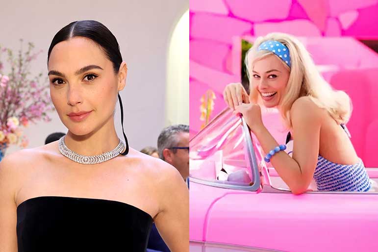 A headshot of Gal Gadot at a Tiffany's event next to Margot Robbie as Barbie in a pink convertible