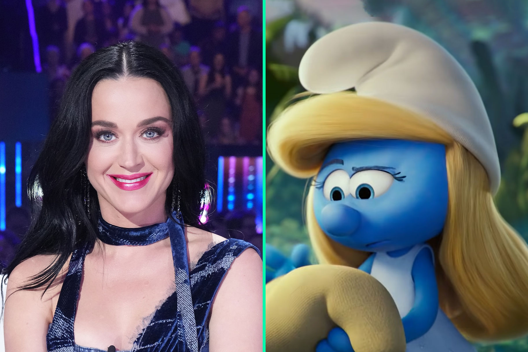 Split image of Katy Perry and CGI smurf