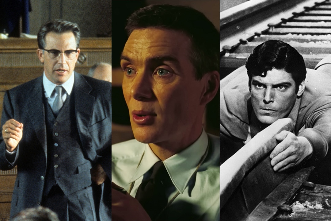 (L-R) Kevin Costner in JFK (1991), Cillian Murphy in Oppenheimer (2023), Christopher Reeve in Superman (1978)