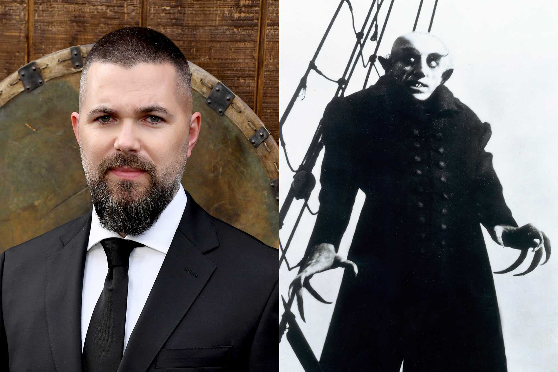 A side by side of Robert Eggers at a red carpet premiere and a still of the vampire from 1921's Nosferatu