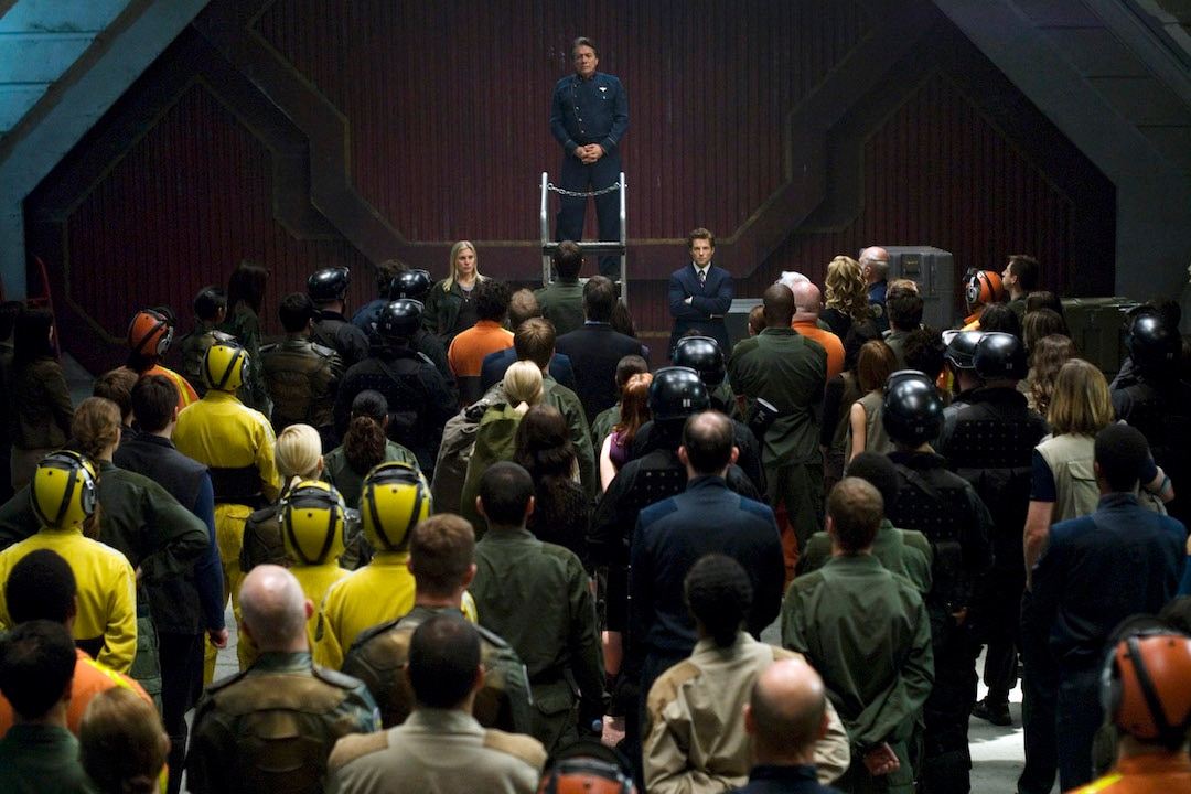 Edward James Olmos (center, top) in the Battlestar Galactica finale.