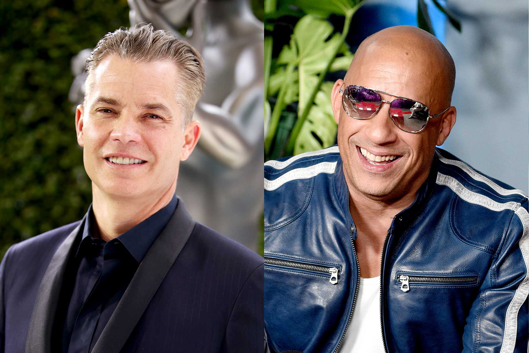 A side by side of Timothy Olyphant on the red carpet and Vin Diesel at an event for F9 aFast And Furious