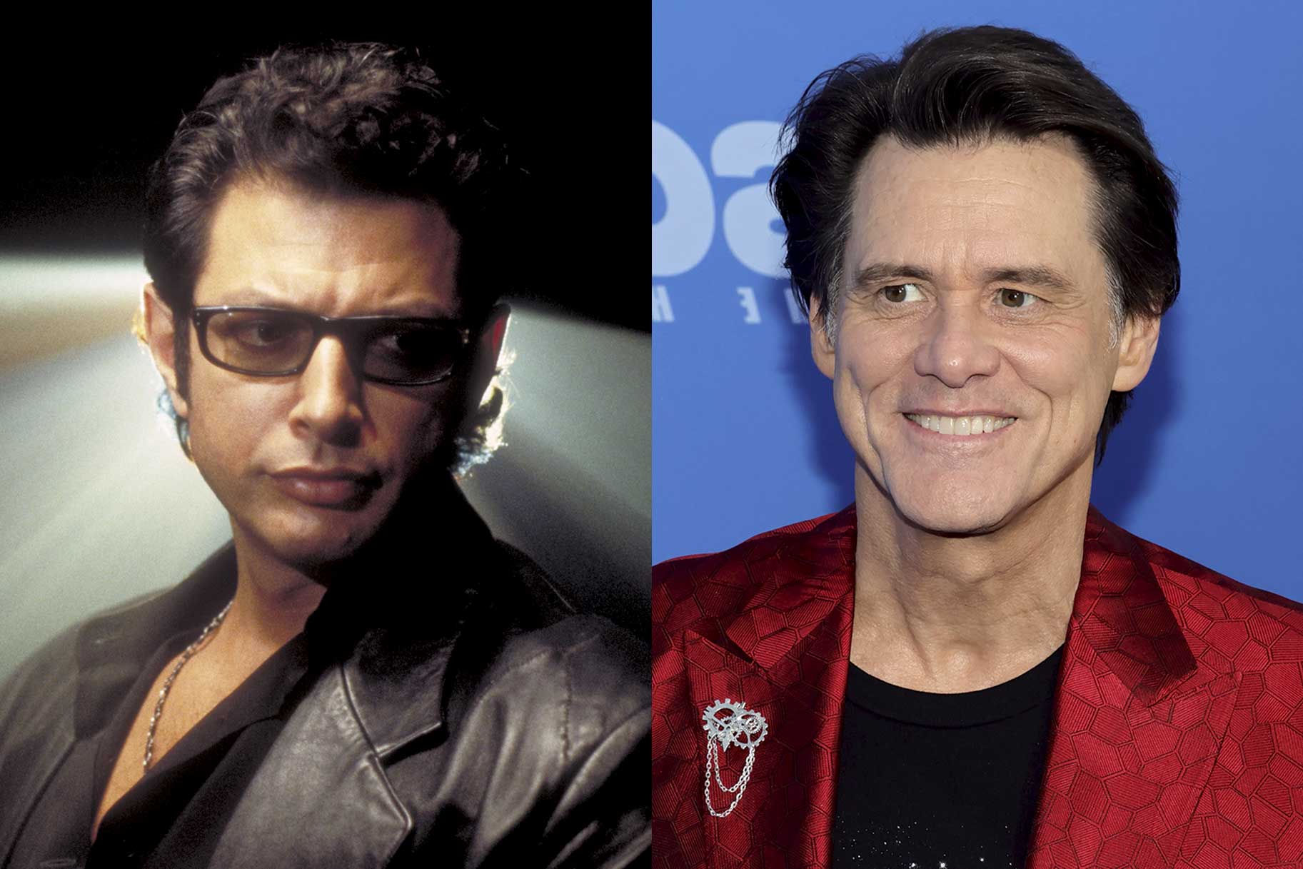 A side by side of Jeff Goldbum in Jurassic Park and Jim Carey on the red carpet