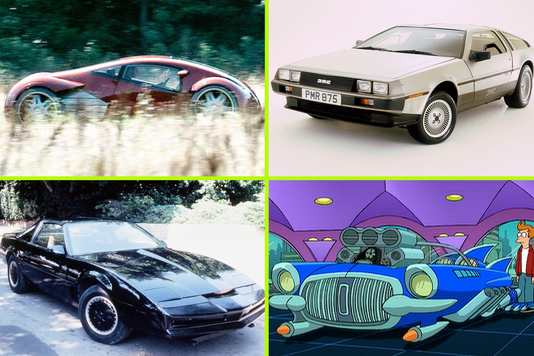 Composite image of the Lexus from "Minority Report", The Delorean from "Back To The Future", KITT from Knight Rider, and The Ford ThunderCougarFalconBird from Futurama.