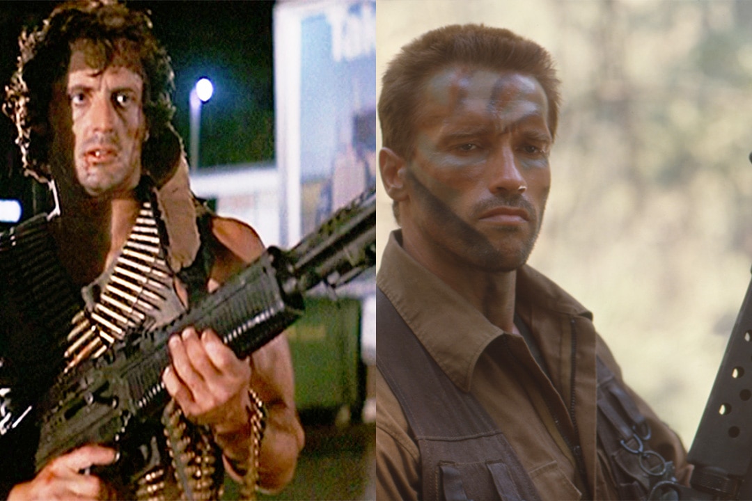 Sylvester Stallone as John Rambo in First Blood (1982); Arnold Schwarzenegger in Predator (1987)