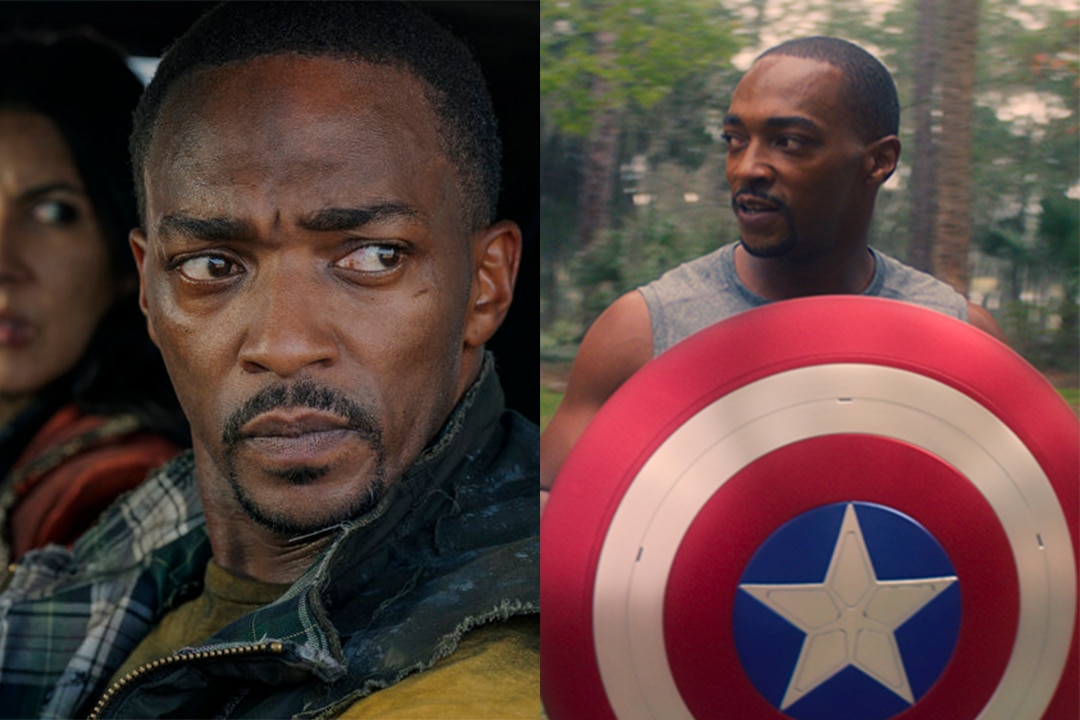 A split screen image of Anthony Mackie as John Doe in Twisted Metal and Anthony Mackie as Sam Wilson in The Falcon and the Winter Soldier