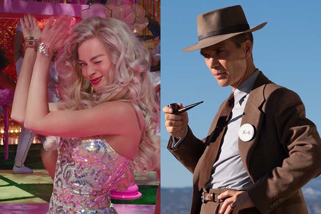 A split screen image of Margot Robbie in Barbie (2023) and Cillian Murphy in Oppenheimer (2023)