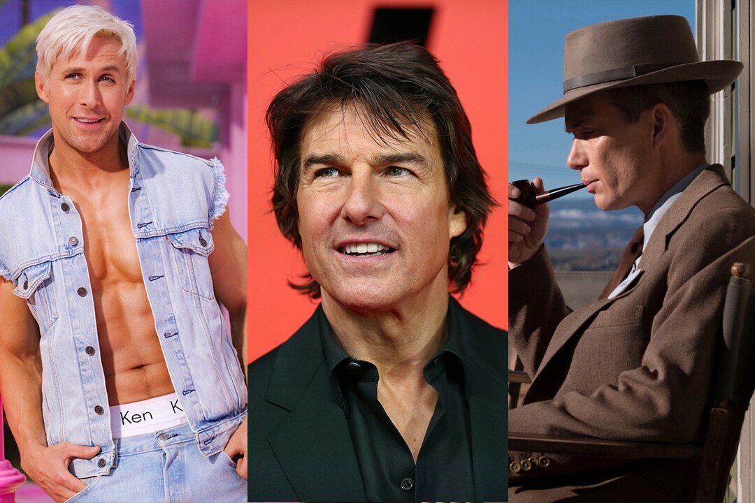 A split screen image of Ken (Ryan Gosling) in Barbie (2023); Tom Cruise; J. Robert Oppenheimer (Cillian Murphy) in Oppenheimer (2023)