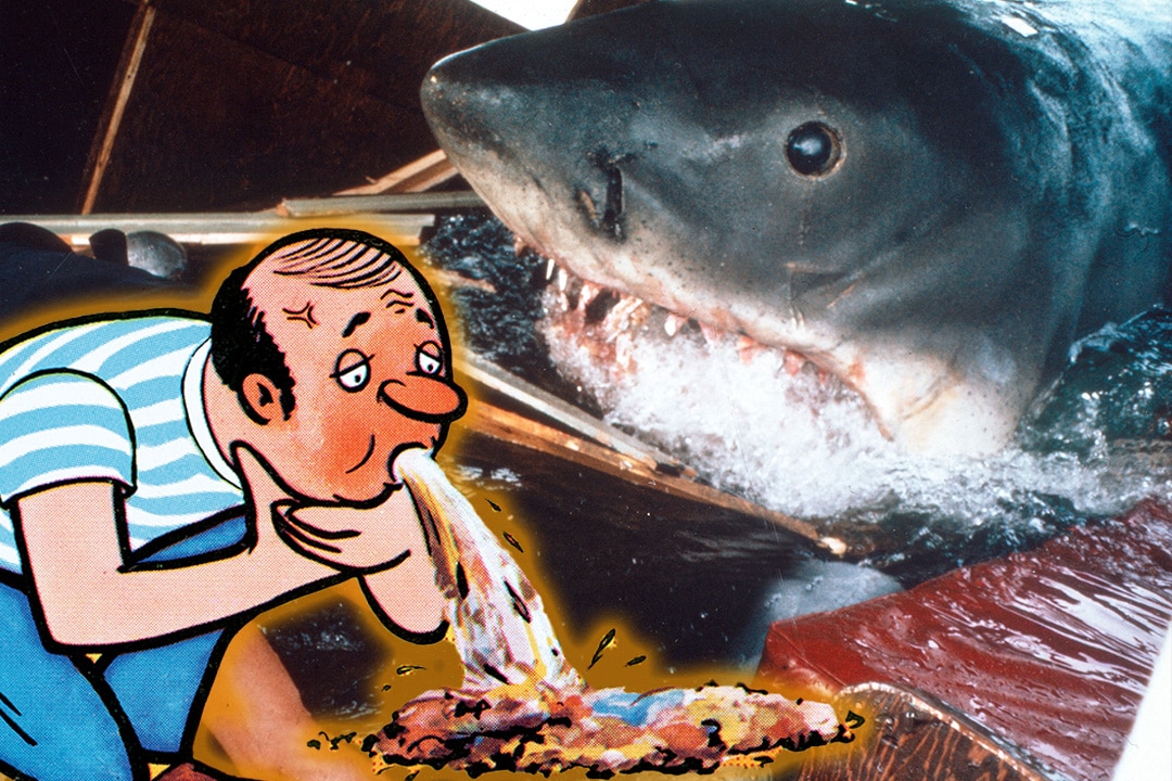 A cartoon man vomits over a photo from Jaws (1975)