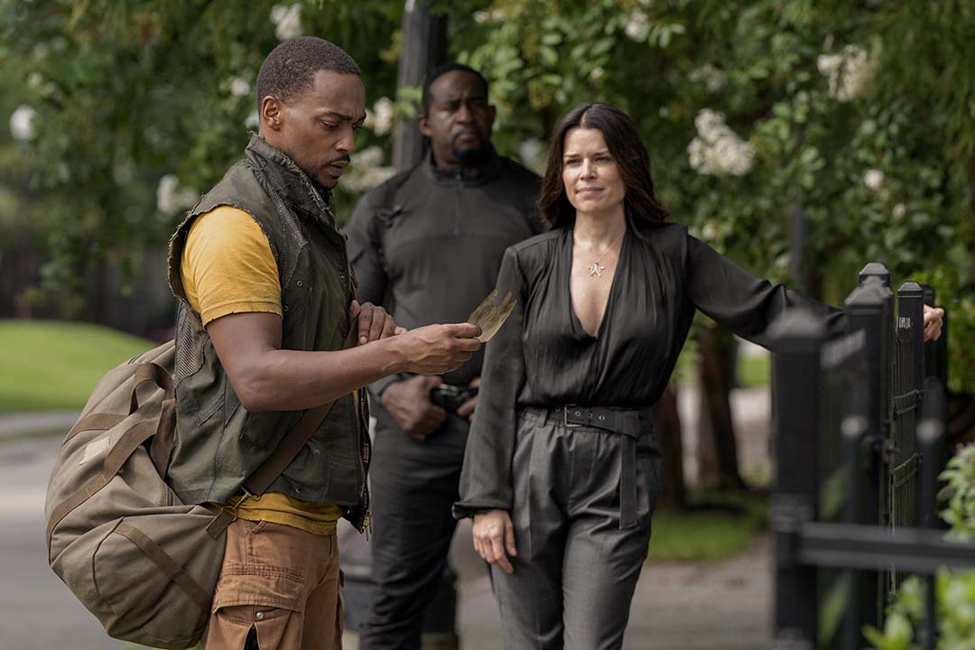 A shot from Twisted Metal featuring Anthony Mackie, Neve Campbell, and Tahj Vaughans
