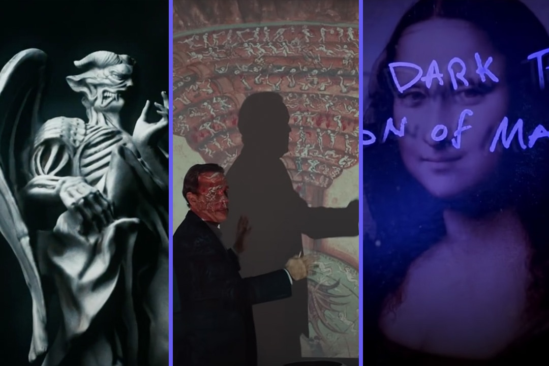 A split screen image featuring still images from Angels & Demons (2009); Tom Hanks in Inferno (2016); and The Da Vinci Code (2006)