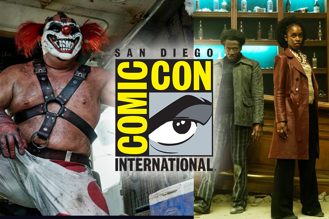 The San Diego Comic-Con logo on top of a split screen image of Joe Seanoa as Sweet Tooth in Twisted Metal and Hubert Point-Du Jour as Miles, Jessica Allain as Lou in The Continental: From the World of John Wick
