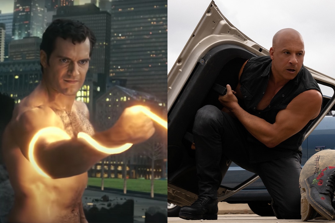 A split screen image featuring Henry Cavill as Superman in Justice League (2017) and Vin Diesel as Dom Toretto in Fast X (2023)