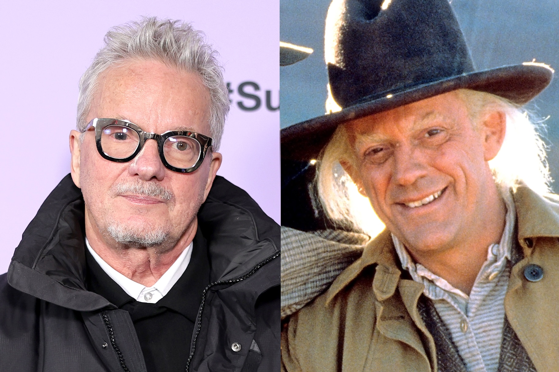 Split of Mark Mothersbaugh on a red carpet and Christopher Lloyd as Doc Brown