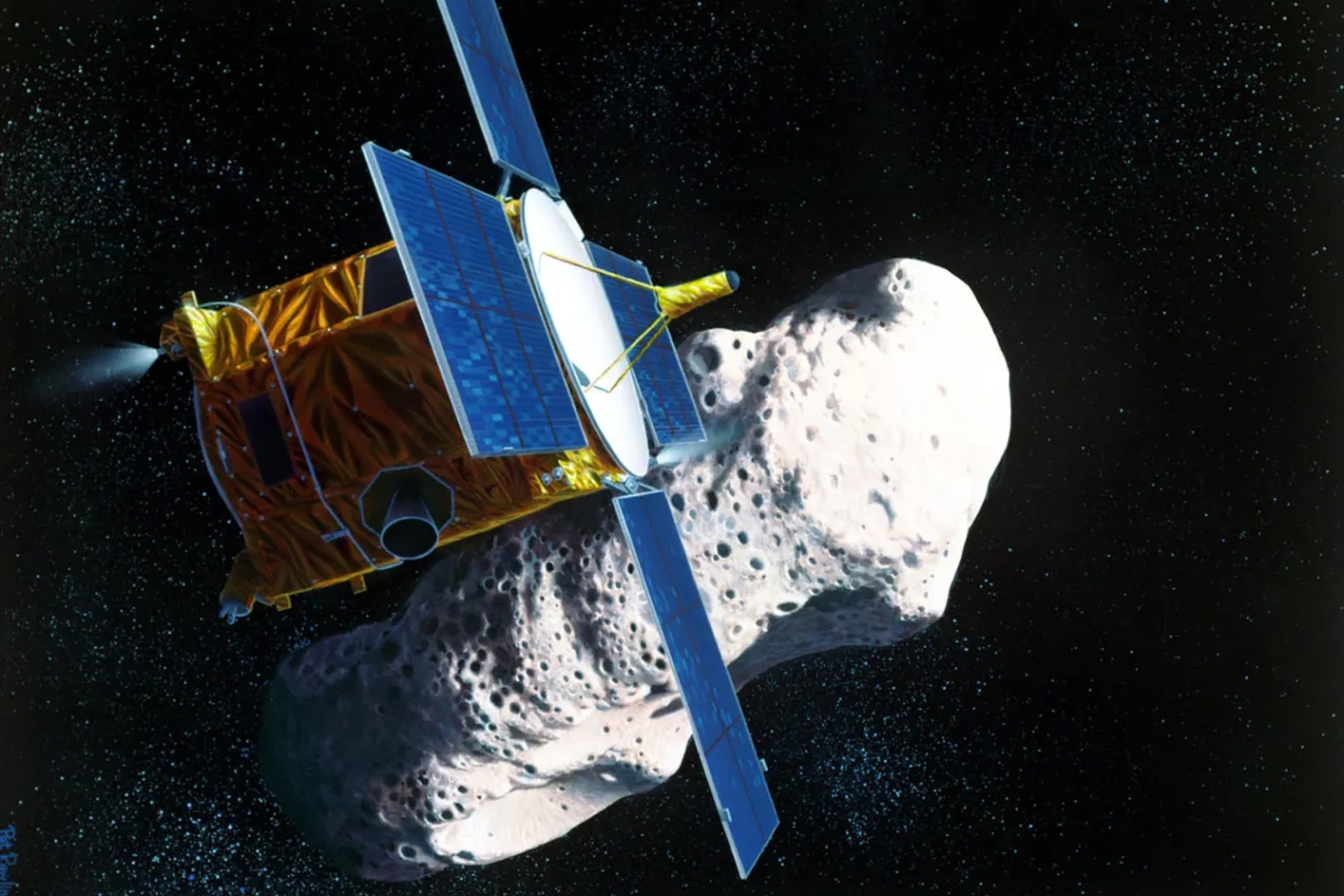 An illustration of NASA's Near Earth Asteroid Rendezvous (NEAR) spacecraft at asteroid Eros.
