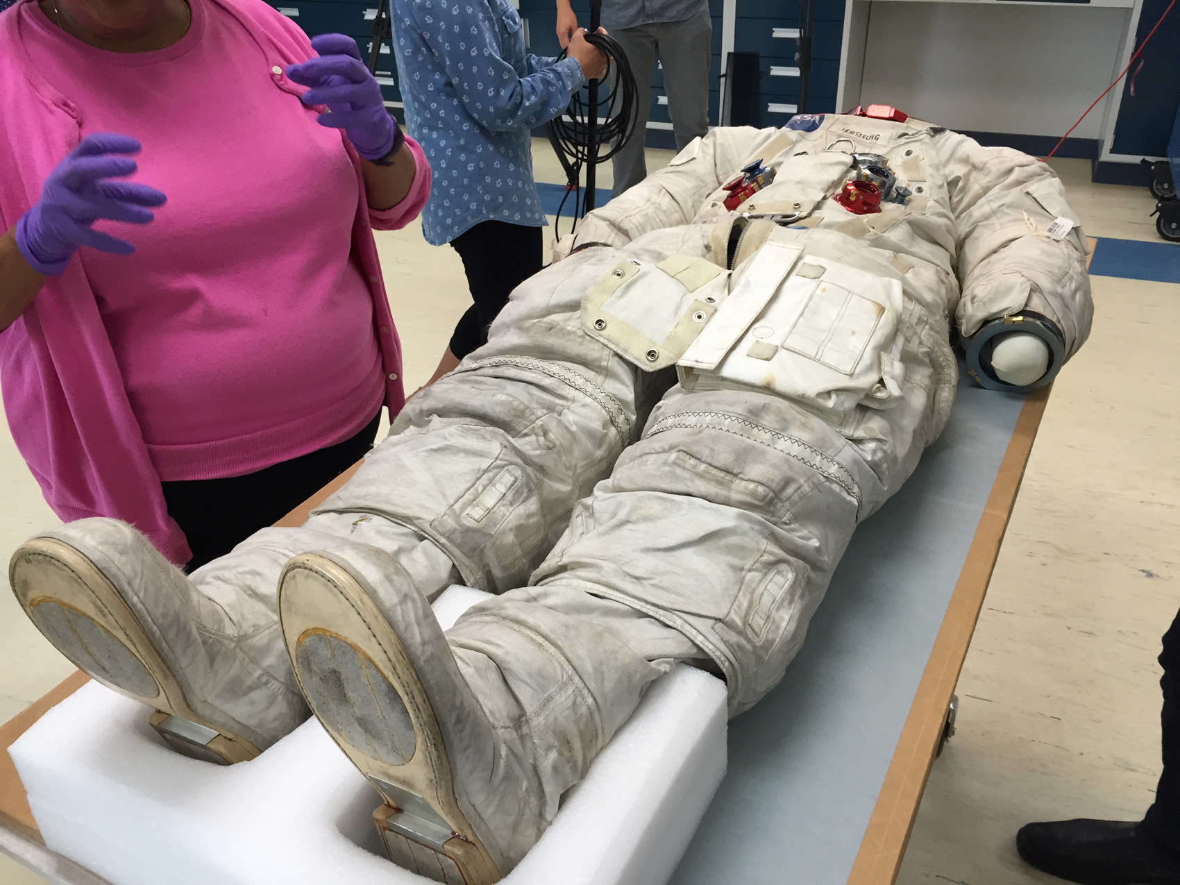 Neil Armstrong's lunar EVA suit from Apollo 11, getting ready for conservation at the Smithsonian National Air and Space Museum's Udvar-Hazy Center. Credit: Phil Plait