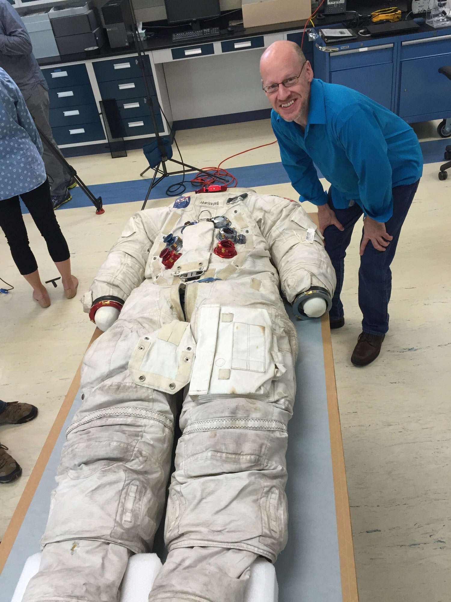 Phil Plait posing with Neil Armstrong's lunar EVA suit from Apollo 11 at the Smithsonian National Air and Space Museum's Udvar-Hazy Center. Credit: Phil Plait