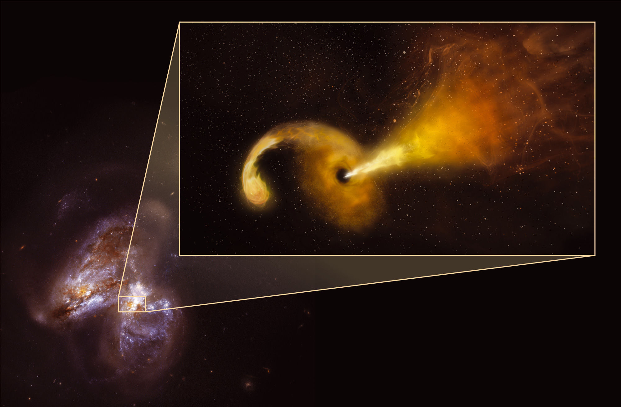 Artwork depicting a star torn apart by a black hole in Arp 299, with a beam of material blasting away. Credit: Sophia Dagnello, NRAO/AUI/NSF; NASA, STScI