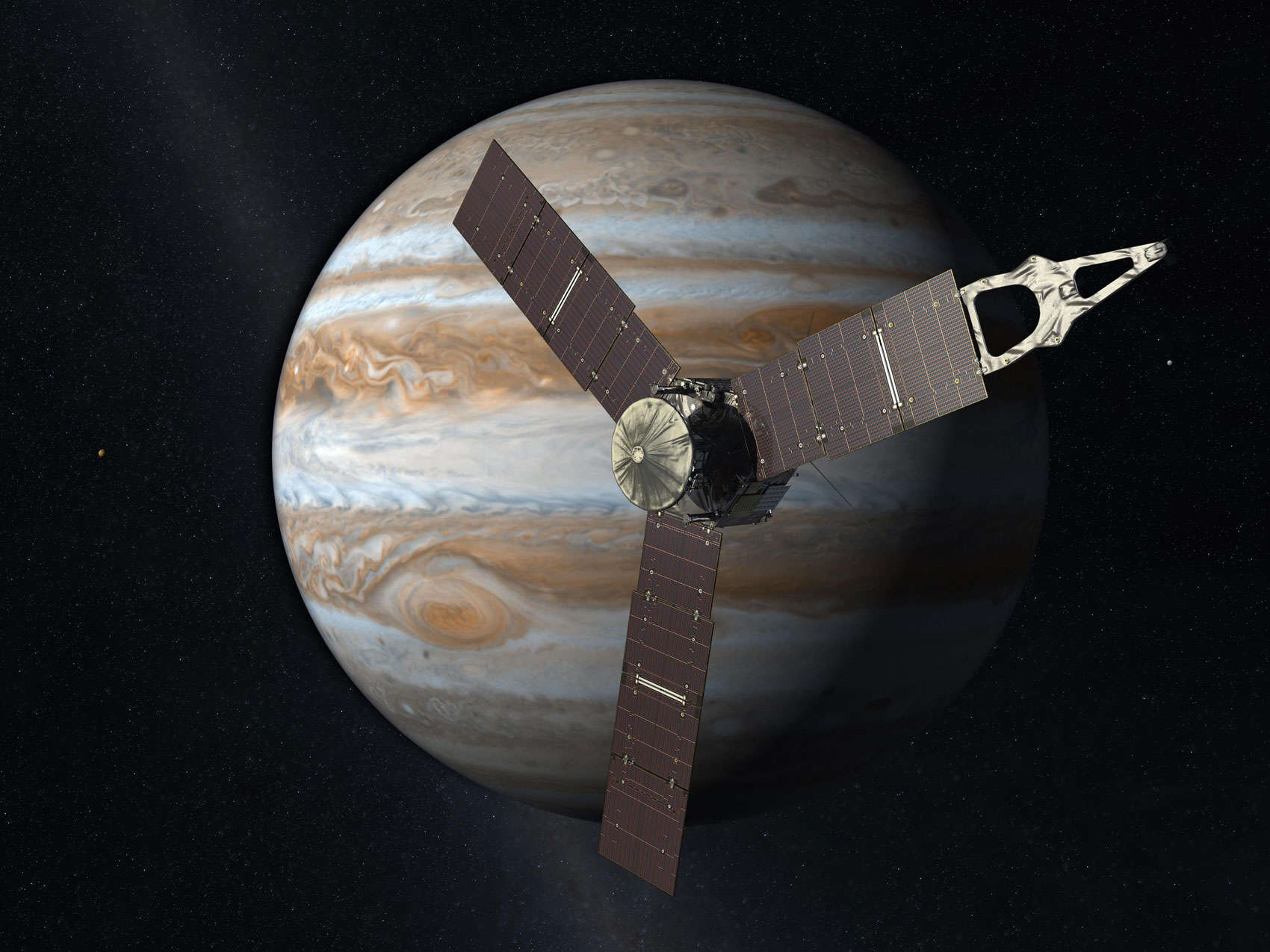 Artist’s concept of the Juno spacecraft orbiting Jupiter. Credit: NASA/JPL-Caltech