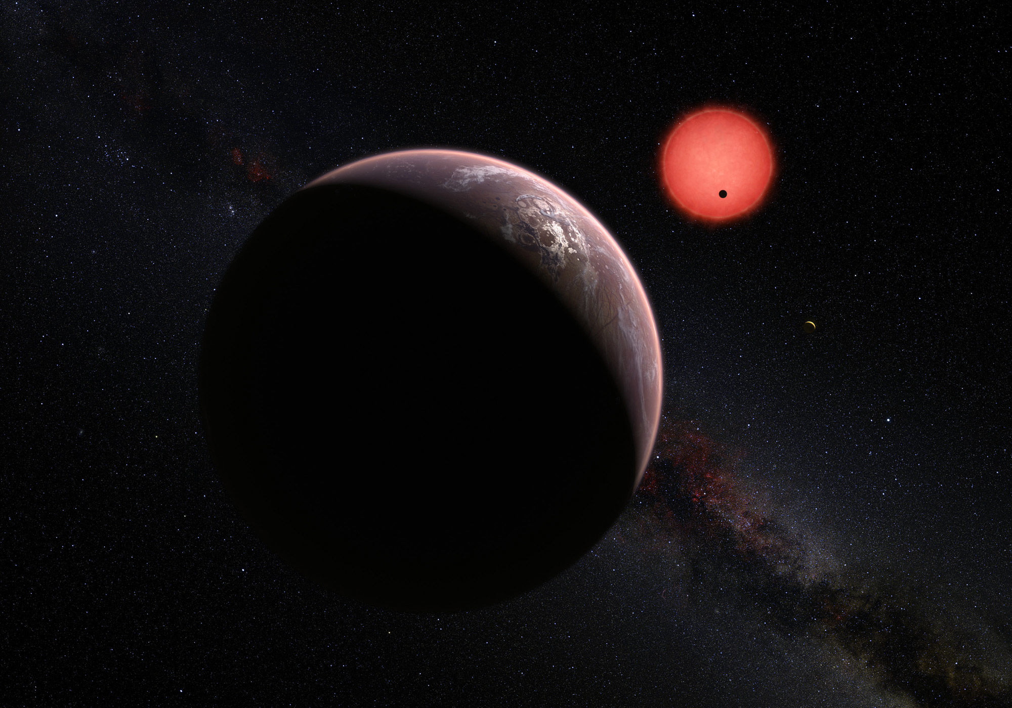 Artwork depicting planets orbiting a red dwarf star. Credit:  ESO/M. Kornmesser/N. Risinger (skysurvey.org)